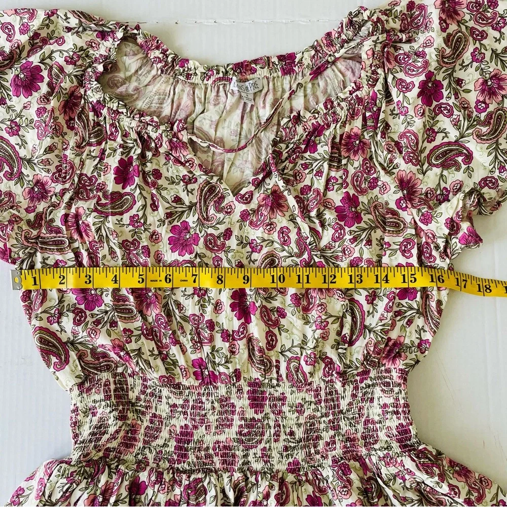 Patrons of Peace Anthropologie Floral Pink Cream Mini Dress Boho tiered ruffle - Picture 10 of 12